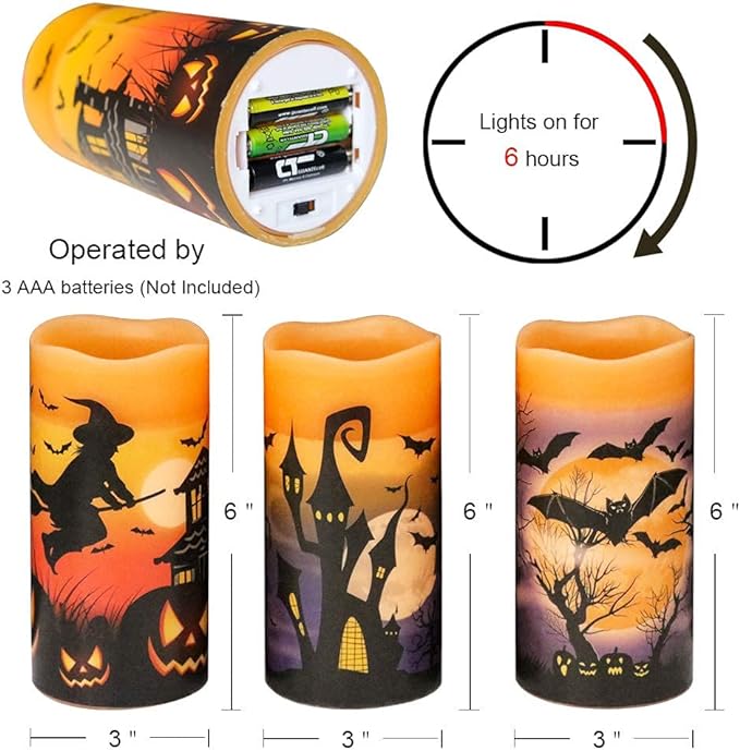 1Set Halloween LED Flameless Pillar Candles Battery Operated with 6 ...