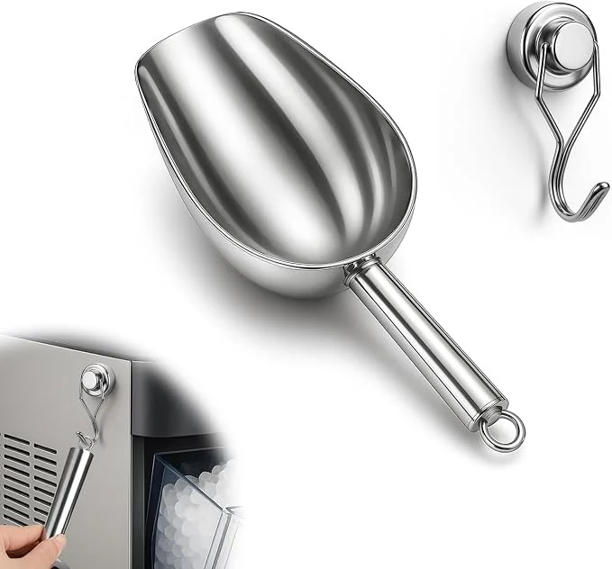 Stainless steel ice scoop with magnetic hook attached to ice maker