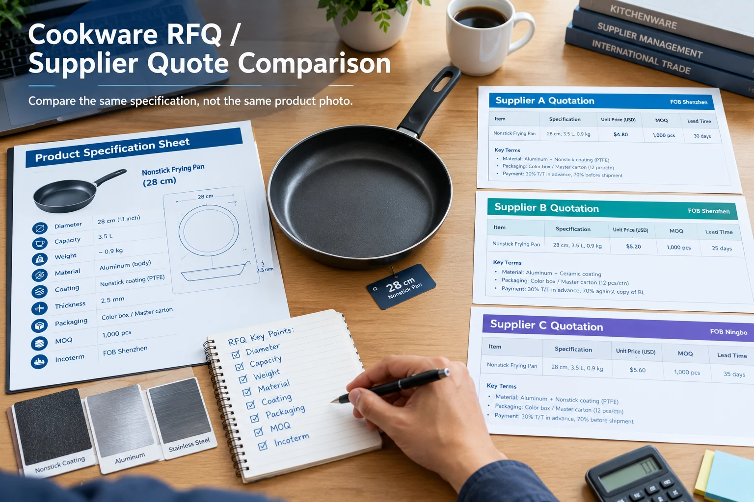 Cookware RFQ and supplier quote comparison for a 28 cm nonstick pan