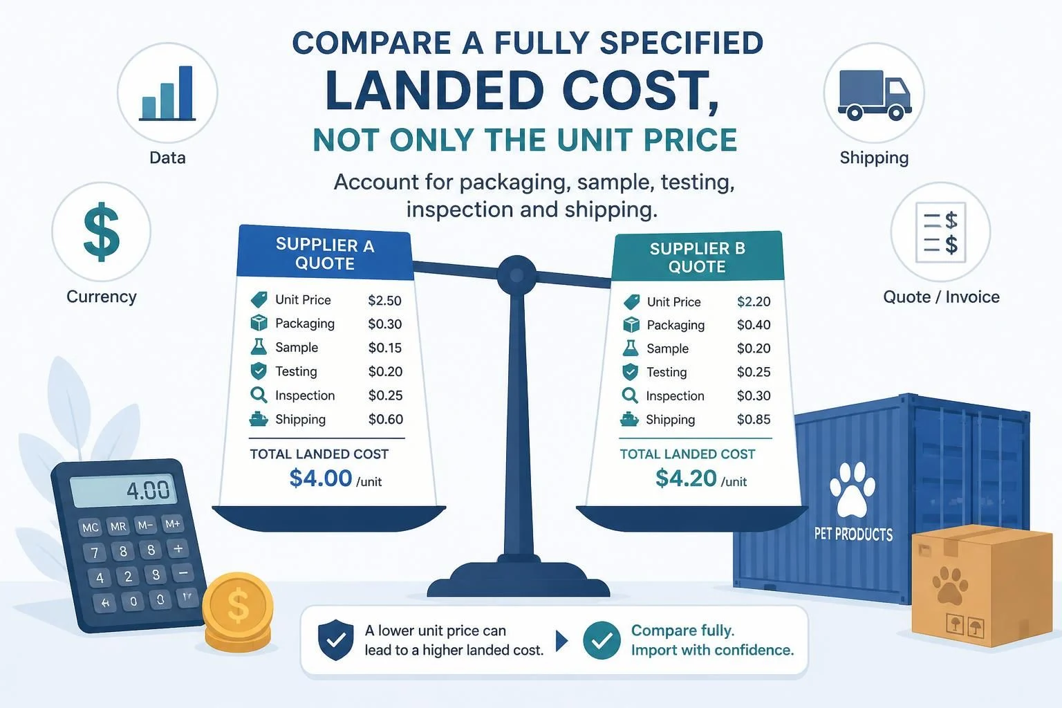 Compare a fully specified landed cost, not only the unit price