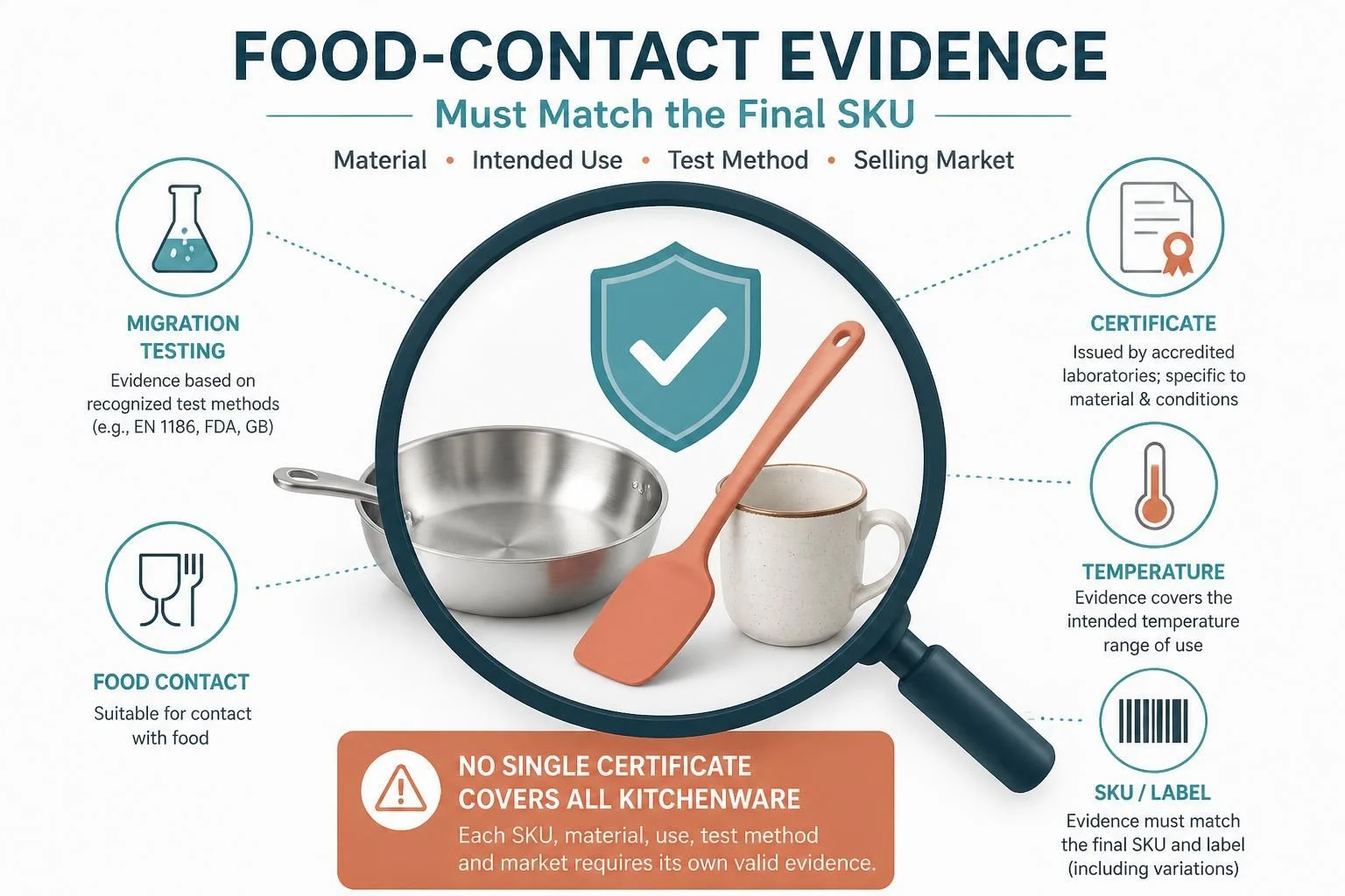 Food-contact evidence must match the final SKU, material, intended use, test method and selling market