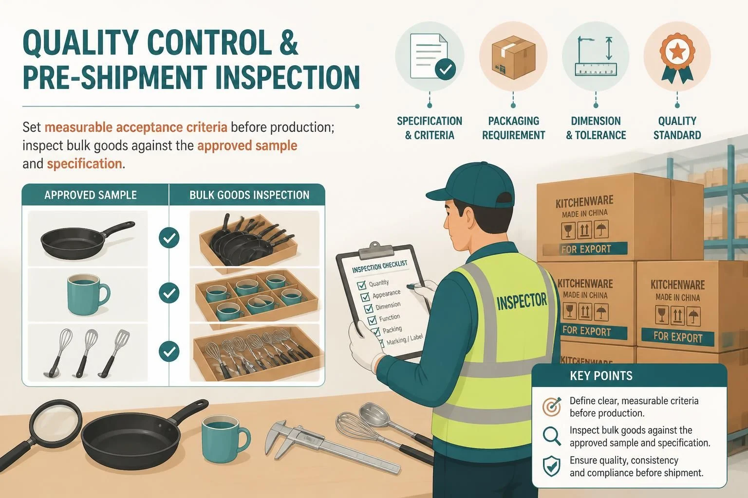 Set measurable QC acceptance criteria before production and inspect bulk goods against the approved sample