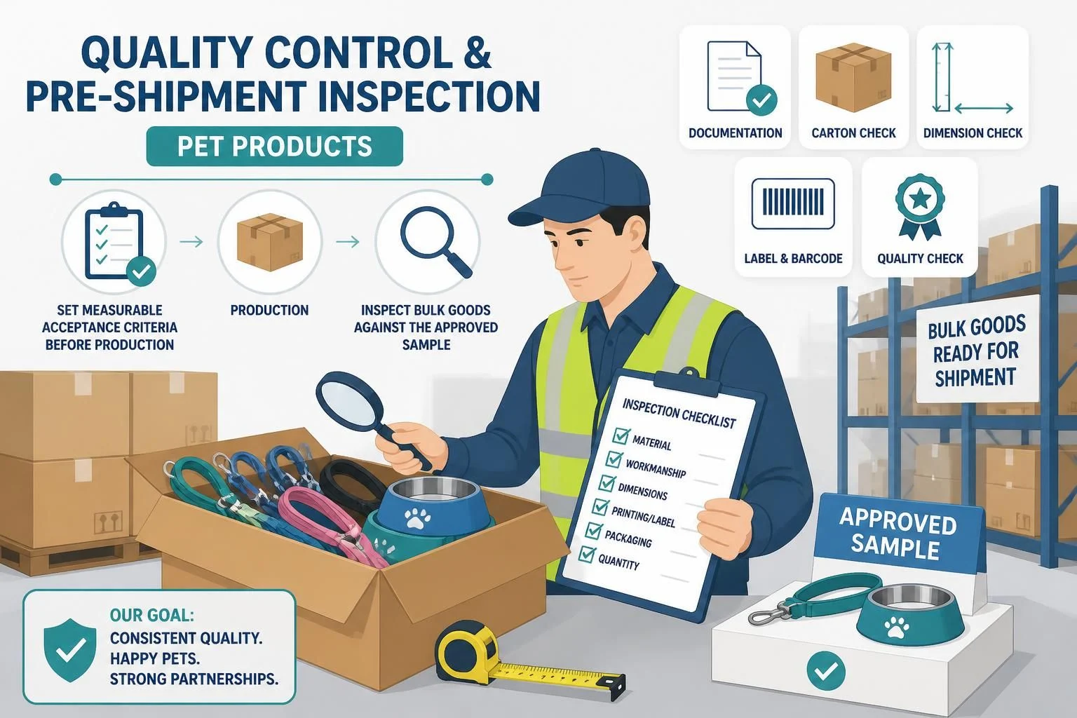 Set measurable acceptance criteria before production; inspect bulk goods against the approved sample