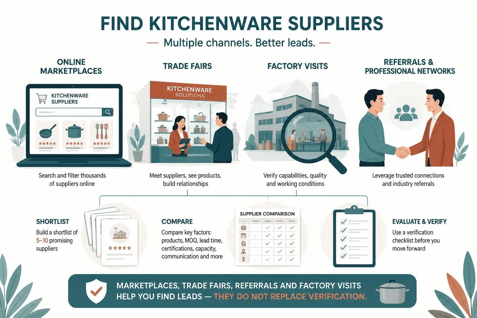 Supplier discovery channels: marketplaces, trade fairs, referrals and factory visits help you find leads but do not replace verification