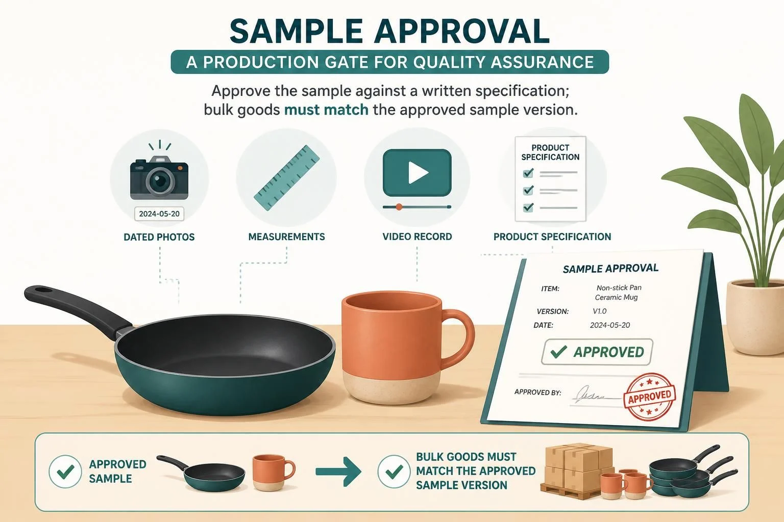 Approve the sample against a written specification; bulk goods must match the approved sample version