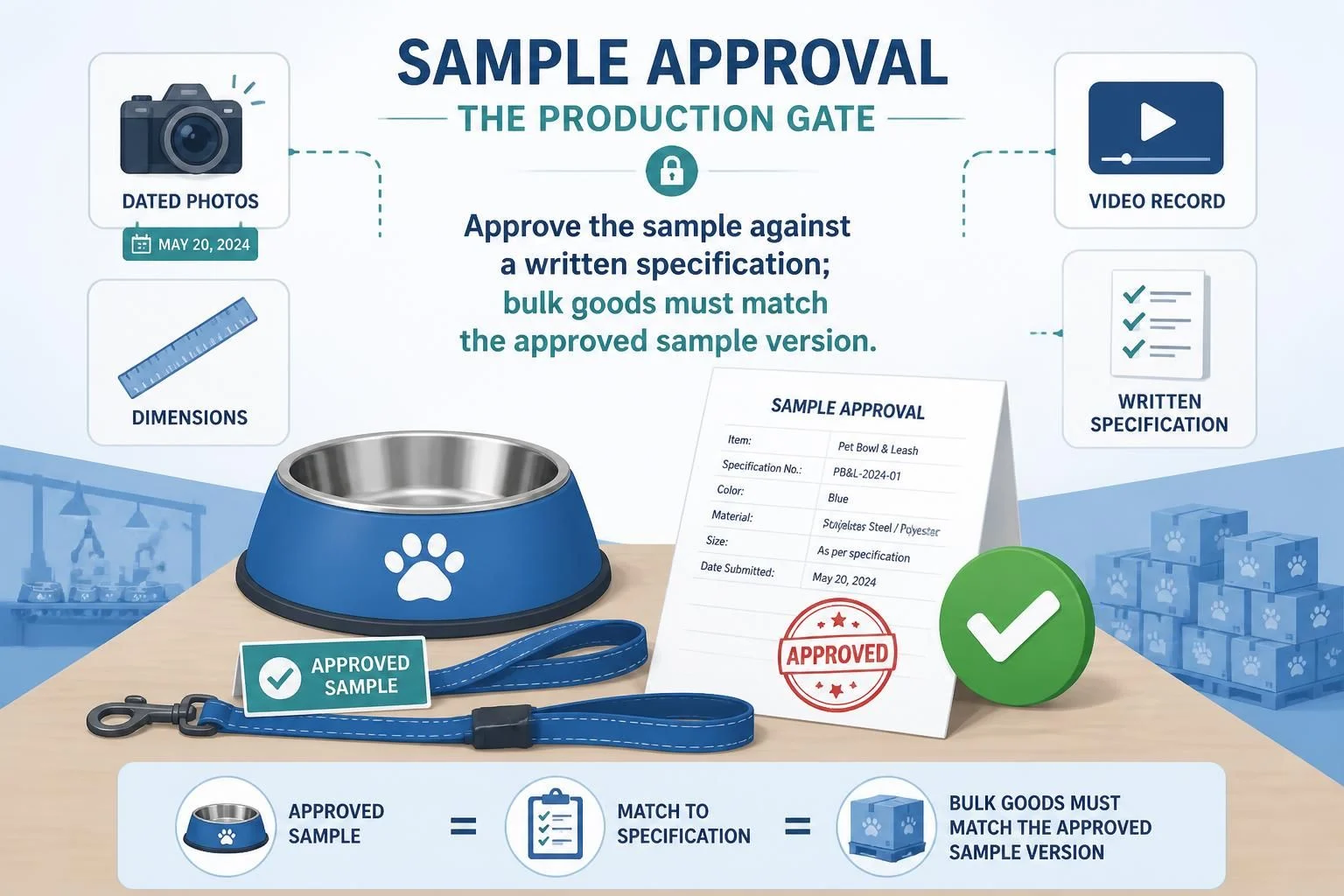 Approve the sample against a written specification; bulk goods must match the approved sample version