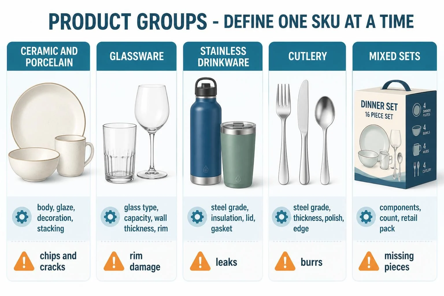 Five drinkware and tableware product groups with fields to define and issues to control
