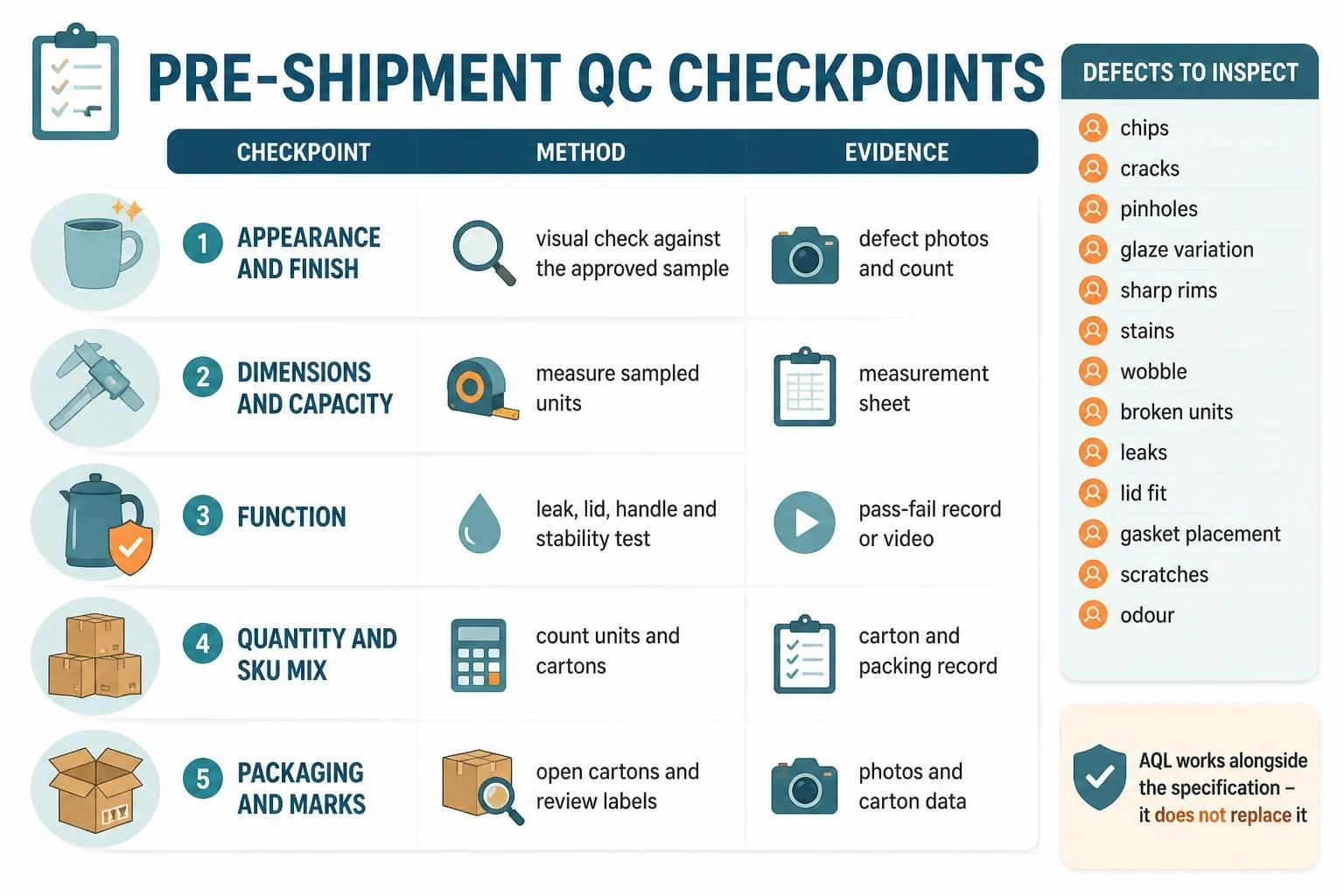 Pre-shipment QC checkpoints for drinkware and tableware, with defects to inspect