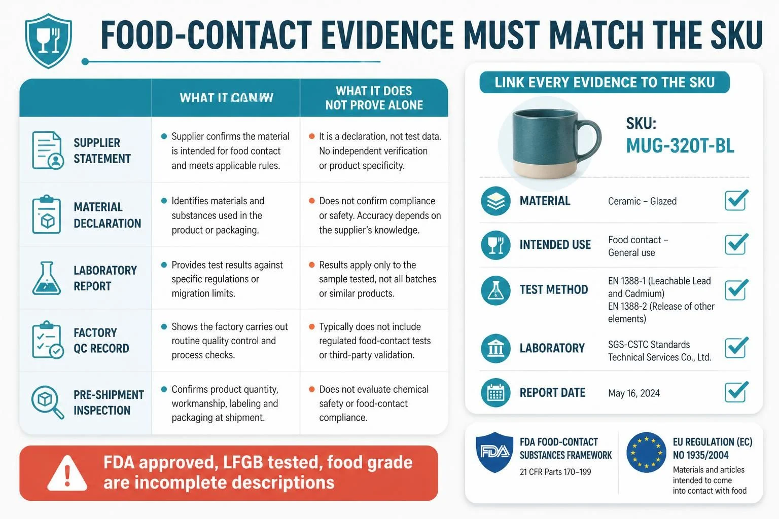 Food-contact evidence types and what each document does and does not prove