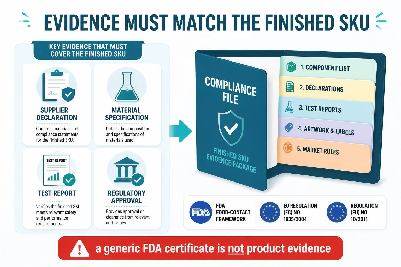 Food-contact evidence types and a compliance file for the finished SKU